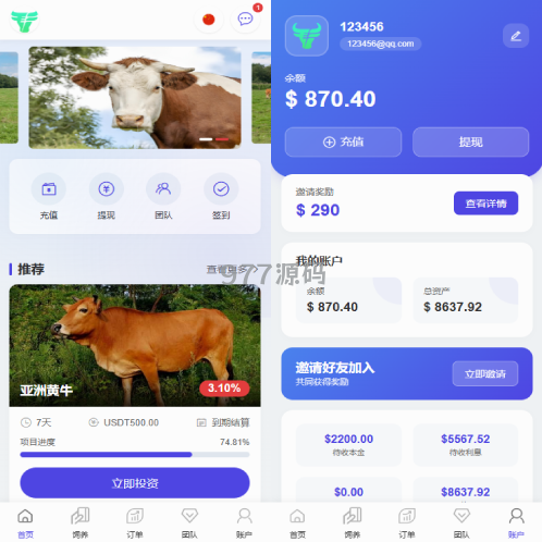 语言多个养殖投资源码 养牛投资返利 签到 前端VUE